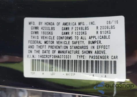 2017 Honda Accord Lx z USA, uszkodzony, nr VIN 1HGCR2F38HA070501
